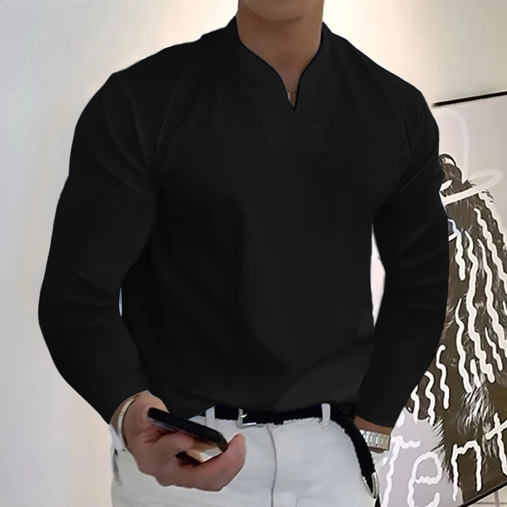 Mens Plus Size Solid V Neck Sweatshirt 12 Colors Spring Loose Athletic Elastic Comfortable Long Sleeve T-Shirt Casual Top 240814