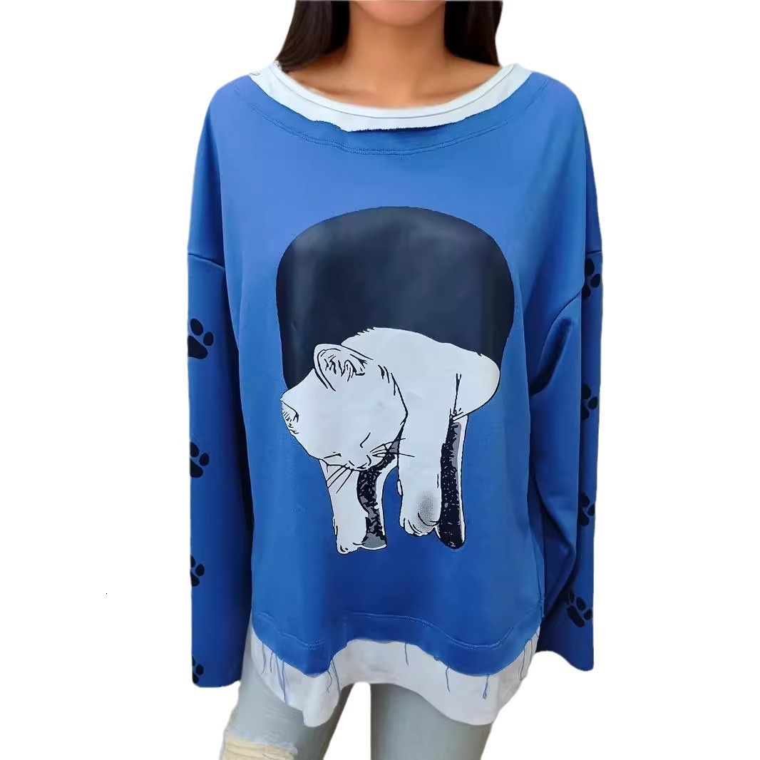 Fake two long sleeved printed T-shirts, blue top, loose and versatile round neck base shirt, trendy d76e4
