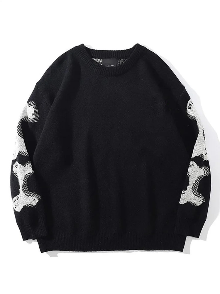 Men Casual Skeleton Print Oversized Sweater Vintage Y2k Style Knitted Loose Pullover Autumn Male High-quality Tops 240821