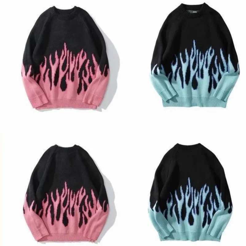 Hip Hop Mens Street Clothing Harajuku Knitted Sweater Blue Flame 2022 Autumn Sweater Pulling Loose Hip Hop Retro VintageW240729