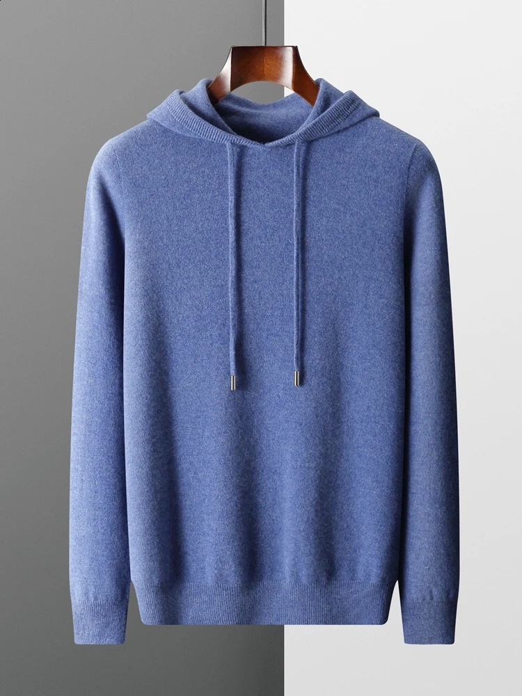 Autumn Winter Mens Cashmere Hoodie Sweater 100% Merino Wool Hooded Pullover Large Size Knitwear Quality Soft Casual Jumpers 240821