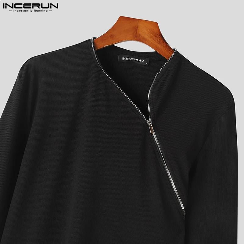 Mens T Shirt Zipper Solid Color Long Sleeve Fashion Men Clothing Streetwear Fitness Korean Casual Tee Tops S-5XL INCERUN 240814