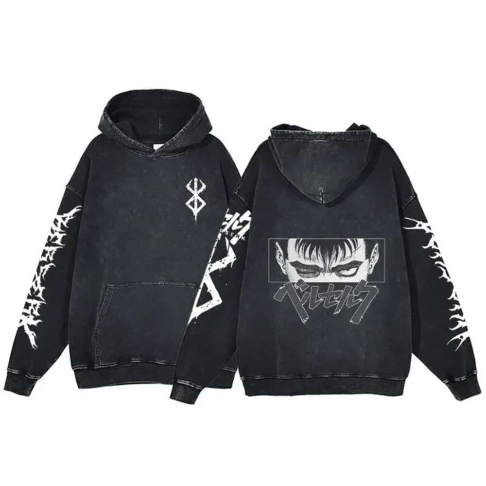 Manga Berserk Men's Hoodies Long Sleeves Washed Cotton Sweatshirts Vintage Gothic Anime Oversized Comfortable Soft Streetwear