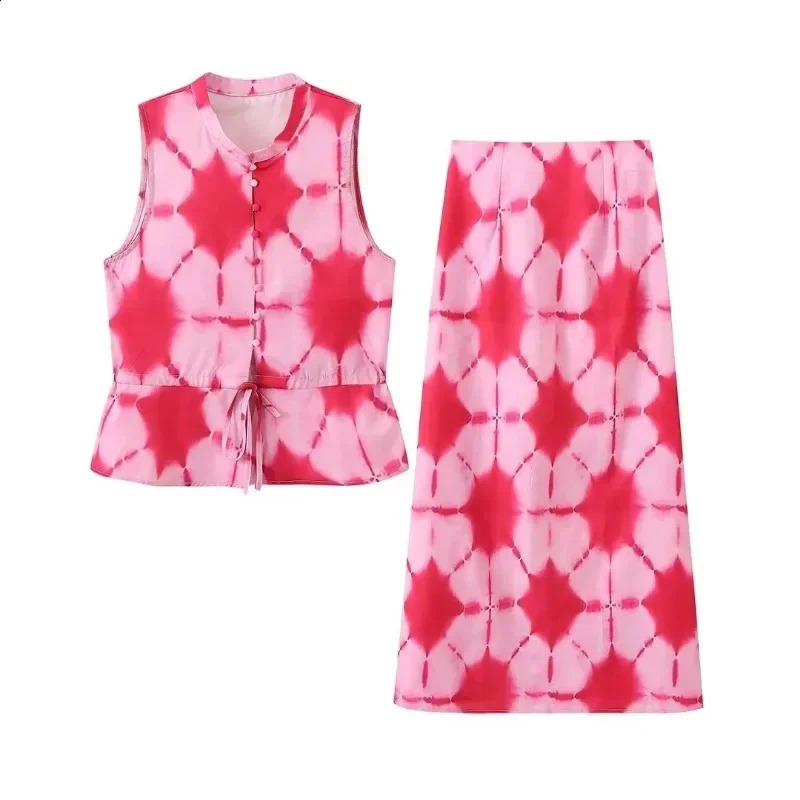 selling printed sleeveless top with lace up vest high waisted leather case Versatile bow tie twopiece set 240809