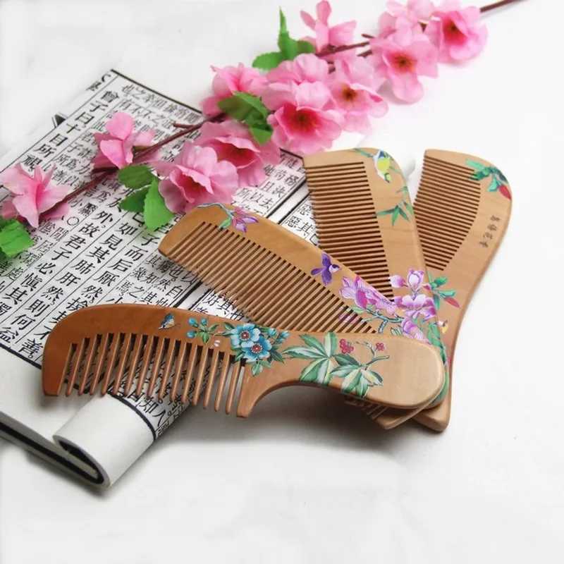 1 natural peach solid wood comb carved peach wood health massage anti-static comb hair care tool beauty accessories W240813