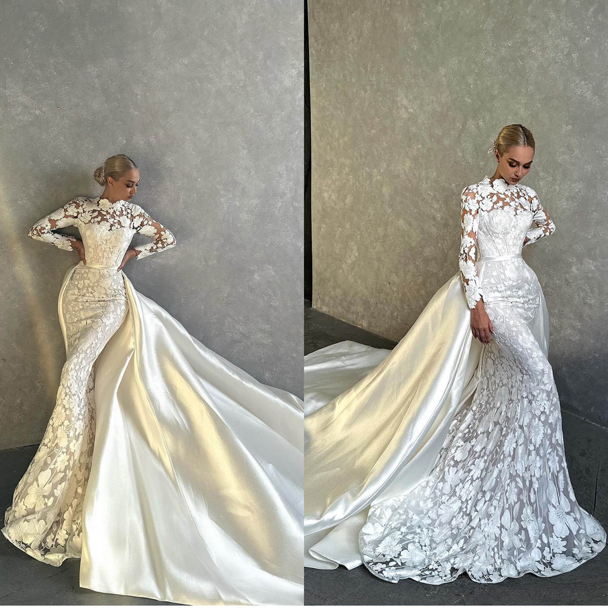 Plus Size Arabic Mermaid Wedding Dresses High Neck Lace Flowers Bridal Dresses Sheer Long Sleeve Custom Made Gowns