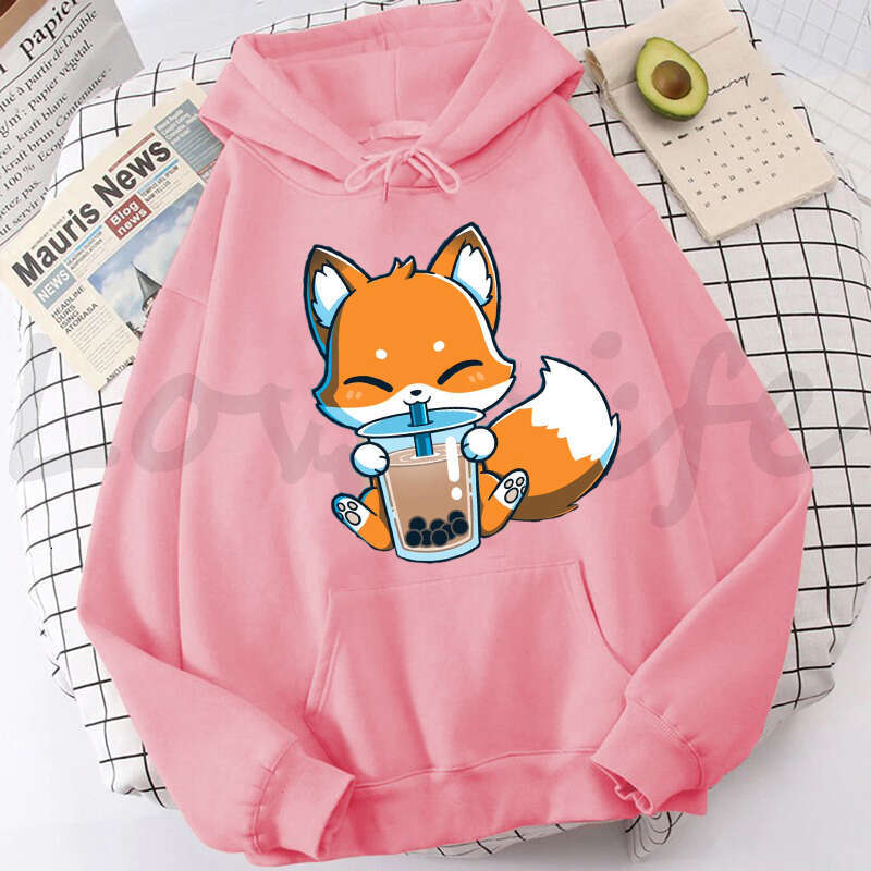 Milk Boba Tea Print Women Hoodies Korean Style Clothes Kawaii Plus Size Sweatshirt Cute Cartoon Fox Graphic Female Streetwear