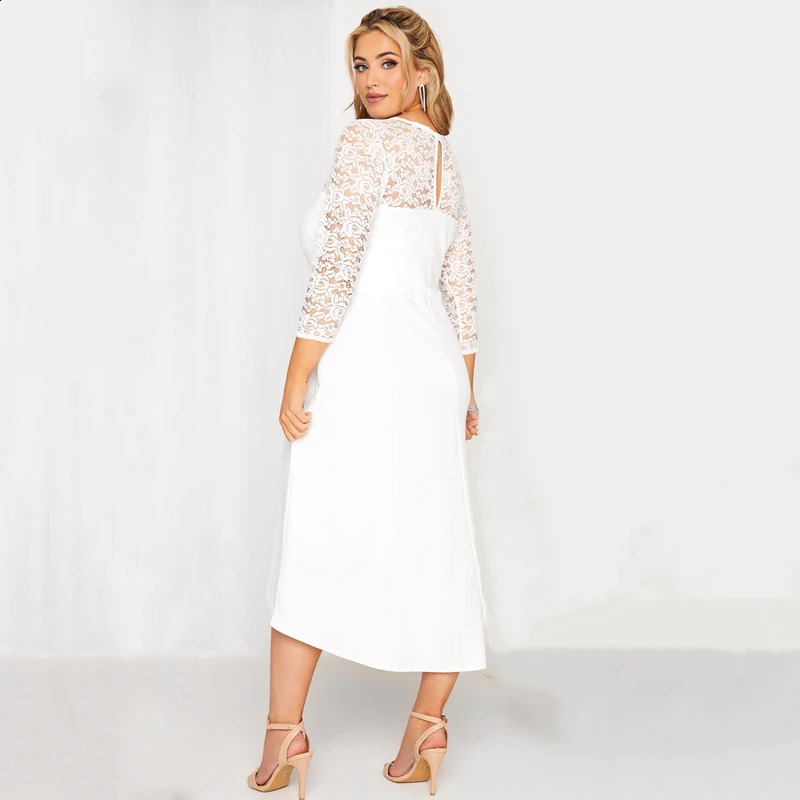 Plus Size 3/4 Lace Sleeve Spring Autumn Elegant Party Dress Women White Flt Flare Midi Dress Large Size Night Out Wedding Dress 240814