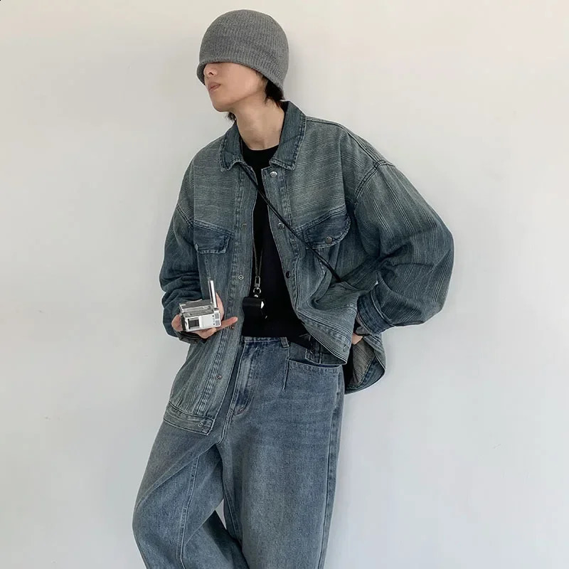 Hip Hop Denim Set Men Women Washed Distressed Striped Denim JacketsVintage Straight Loose Harlan Jeans High Street Cargo Suit 240813
