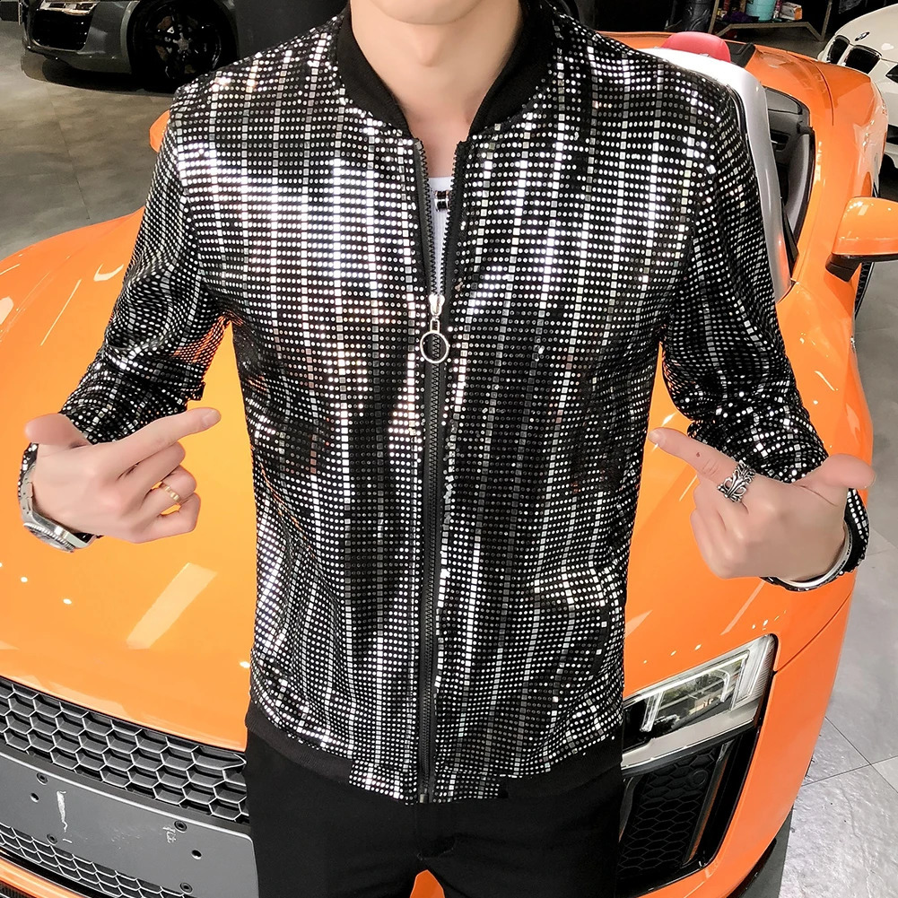 sequin bomber jacket mens shiny sequin long sleeved shiny zipper jacket hip-hop loose nightclub stage streetwear jacket 240814