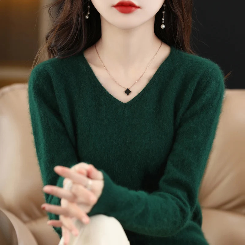 Winter Women Sweater V-Neck Knitted Pullover 100% Mink Cashmere Jumper Female Solid Color Soft Super Warm Sweater S-2XL 16 Color 240813