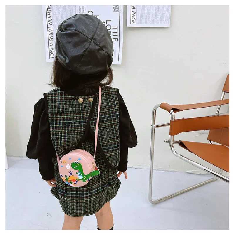 New Girl Childrens Cross Bag Little Boy PU Leather Round Coin Wallet Handbag Cute Dinosaur Baby Shoulder Bag W240813