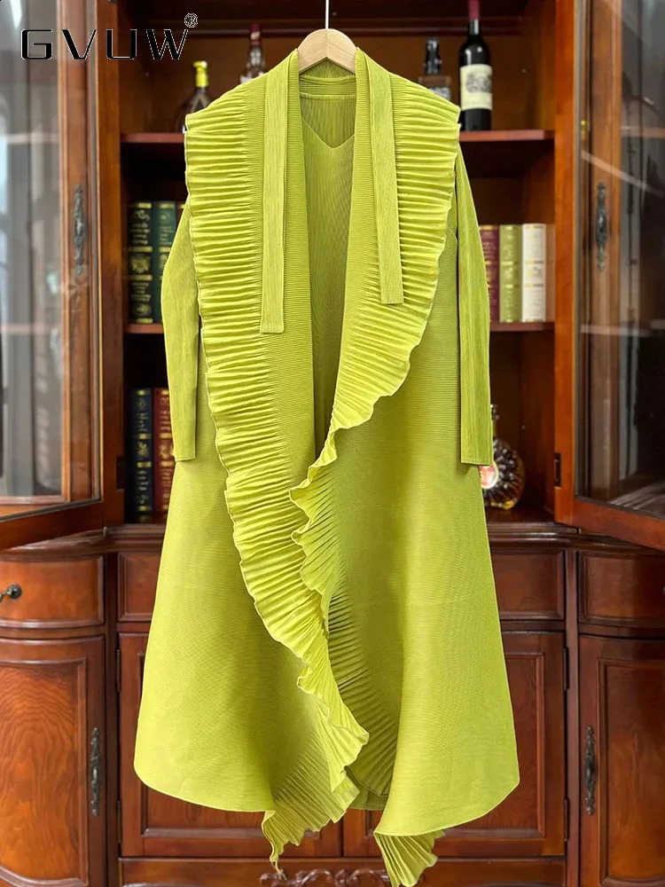 GVUW Pleated Fashion Trench Coat Women Full Sleeve Belt Loose Lapel Ruffles 2024 Solid Color Outwear Clothing 17G5692 240813
