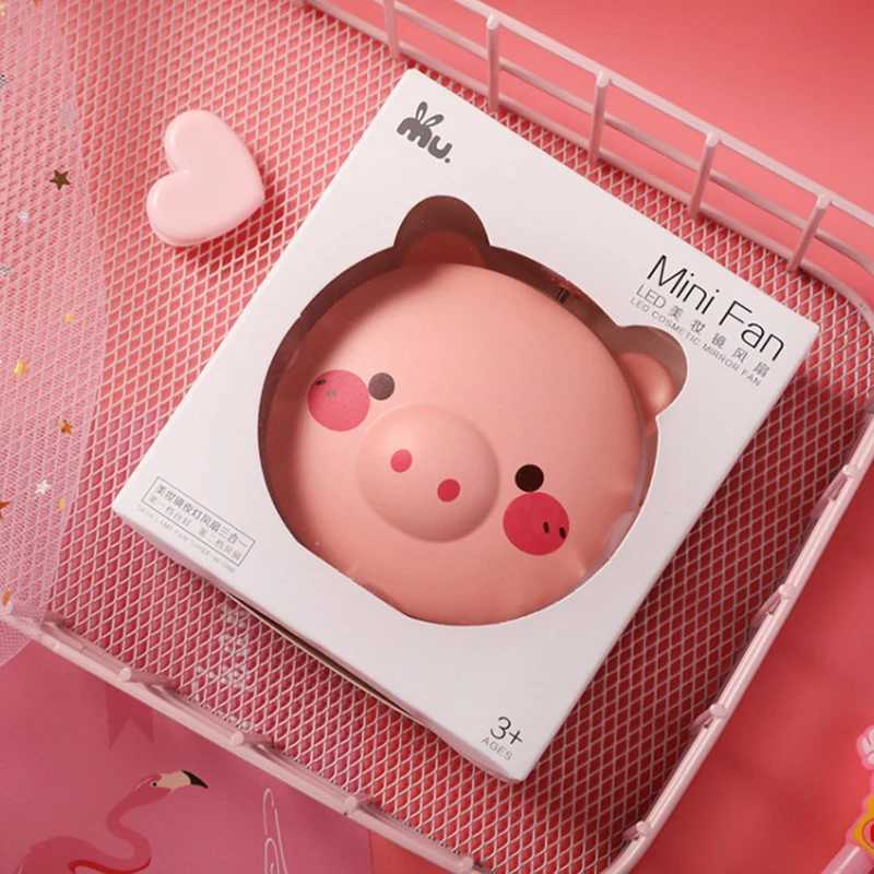Cute little pig makeup mirror with LED light handheld makeup mirror girl with small fan portable makeup mirror for travel high-definition mirror W2408
