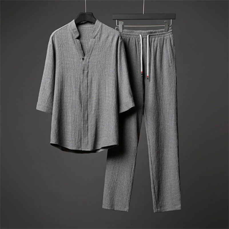 Ice Silk Linen Mens Set Spring Summer Loose Pullover Tops and Elastic Waist Trousers Sport Suits Men Two Piece Sets 240813