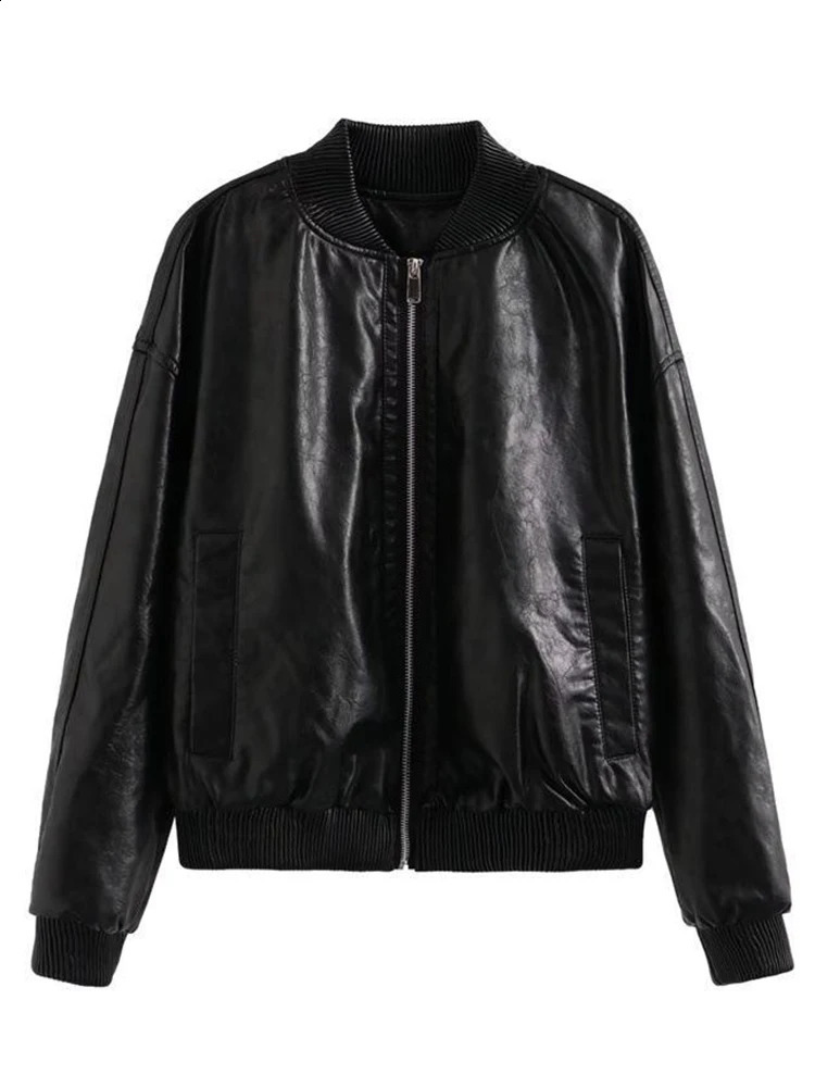 Bomber Leather Jacket Woman Fashion Faded-Effect Coat Vintage Casual Long Sleeve Outerwear Loose High Street Zip Jacket 240813