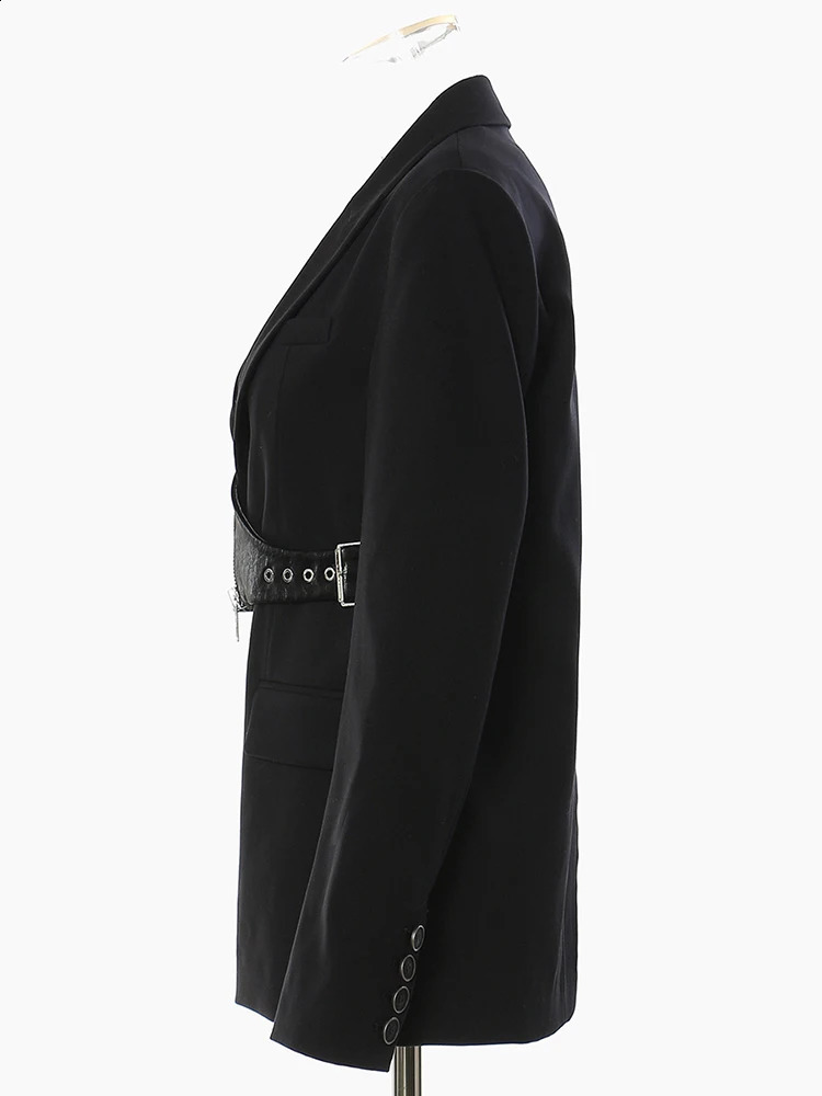 EAM Women Black Irregular Pu Leather Blazer Lapel Long Sleeve Loose Fit Jacket Fashion Spring Autumn 2024 17A7466 240813