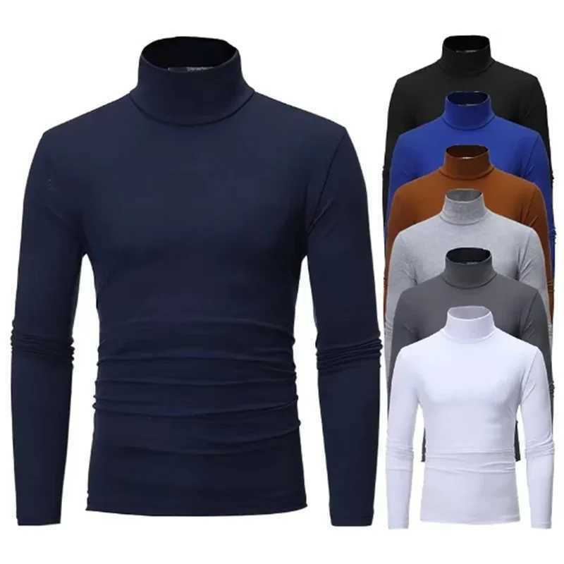 Fashion Mens Casual Slim Fit Basic Turtleneck High Collar Pullover Male Autumn Spring Thin Tops Basic Bottoming Plain T-shirtM240814