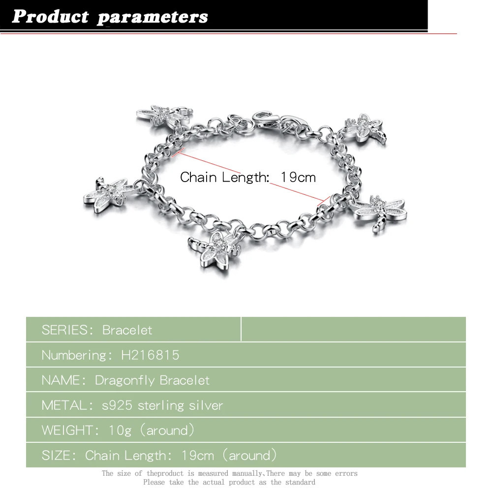 Fashion 925 Solid Silver Dragonfly Bracelet For Women Bohemian Cute Charm Hand Catenary Bangle Jewelry 240813