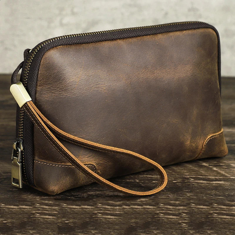 Retro mens leather clutch bag brown cowhide leather storage bag travel toilet kit washing bag mens leather handbag 240812