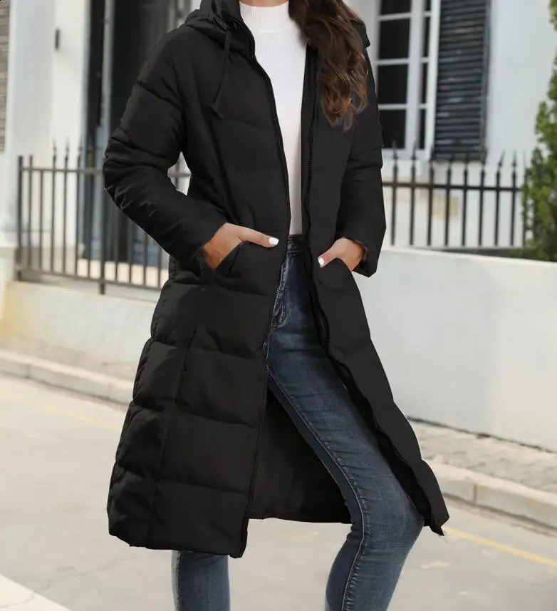 Winter Hooded Mid Length Slim Fit Warm Long Sleeve Solid Color Down Jacket For Women3 Colors 240813