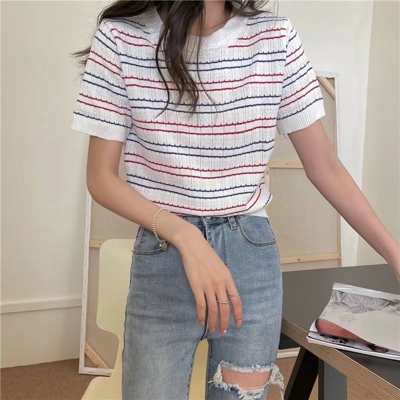 Womens short-sleeved striped O-neck Fashion knits SML