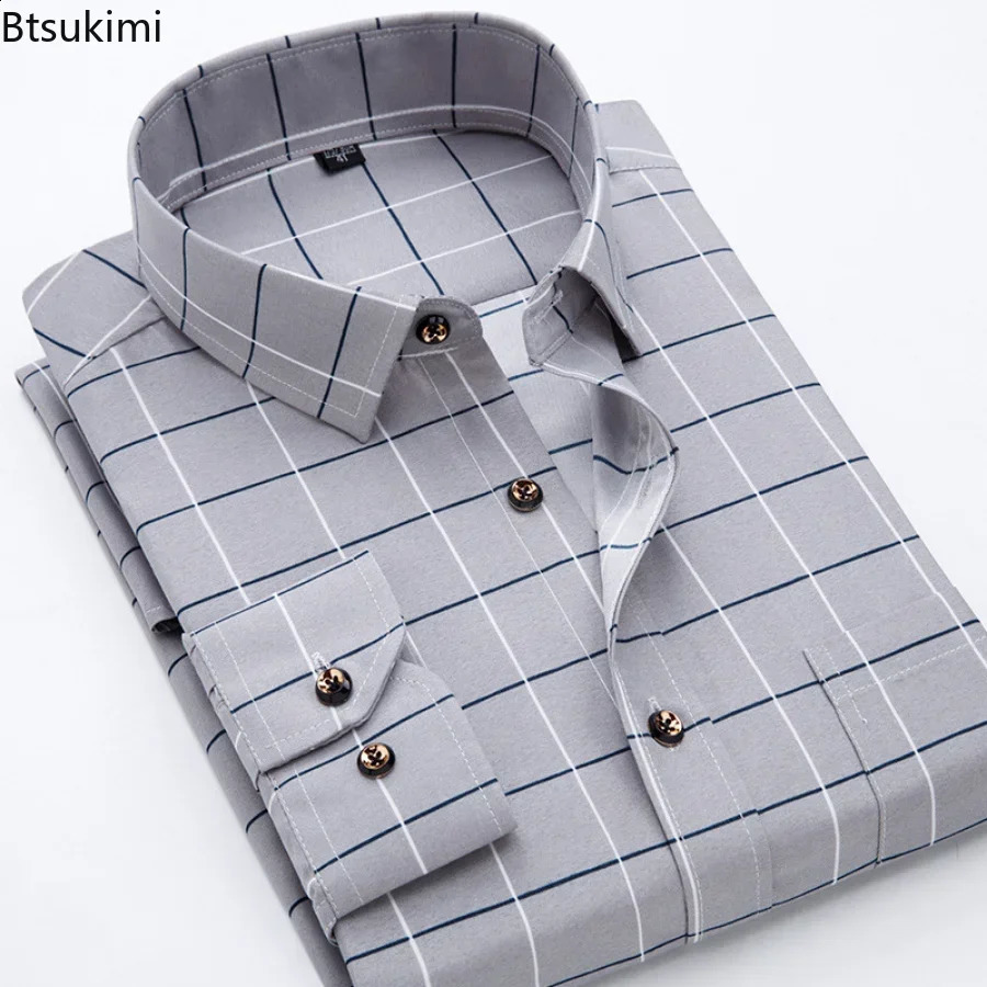 2024 Mens Plaid Shirts Long Sleeve Spring Autumn Thin Male Casual Shirt Man Printed Dress Shirt Stripe Business Shirts Male 240814