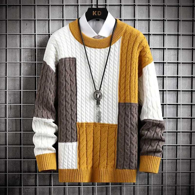 Harajuku mens fashionable knitted hip-hop streetwear color matching pull-out oversized casual O-neck mens retro sweaterW240729