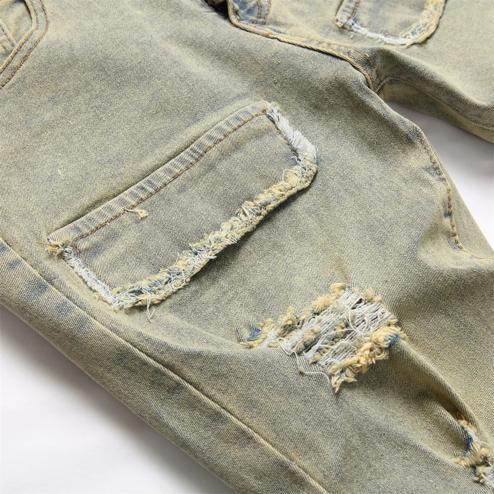 Streetwear Retro Style Men Ripped Spliced Slim Jeans Trousers Hip hop Holes Stylish Denim Pants For Male 240814