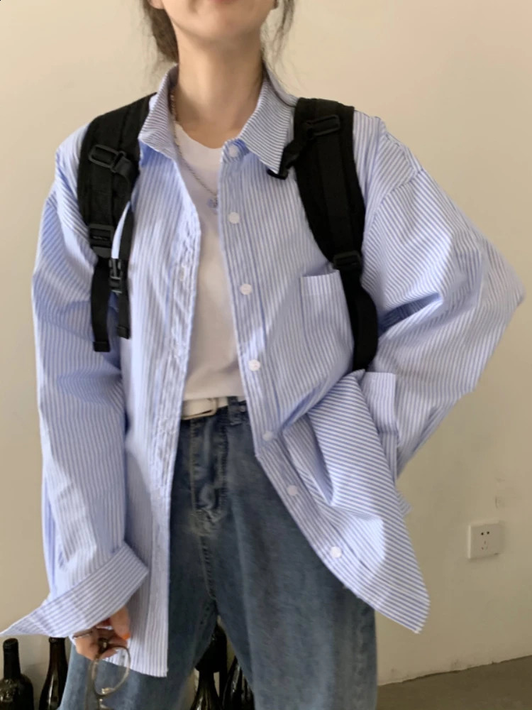 S-5XL Women Shirts Stripped Baggy American Preppy Style Pocket Trendy Versatile Elegant Streetwear Students Daily Cozy Aesthetic 240814