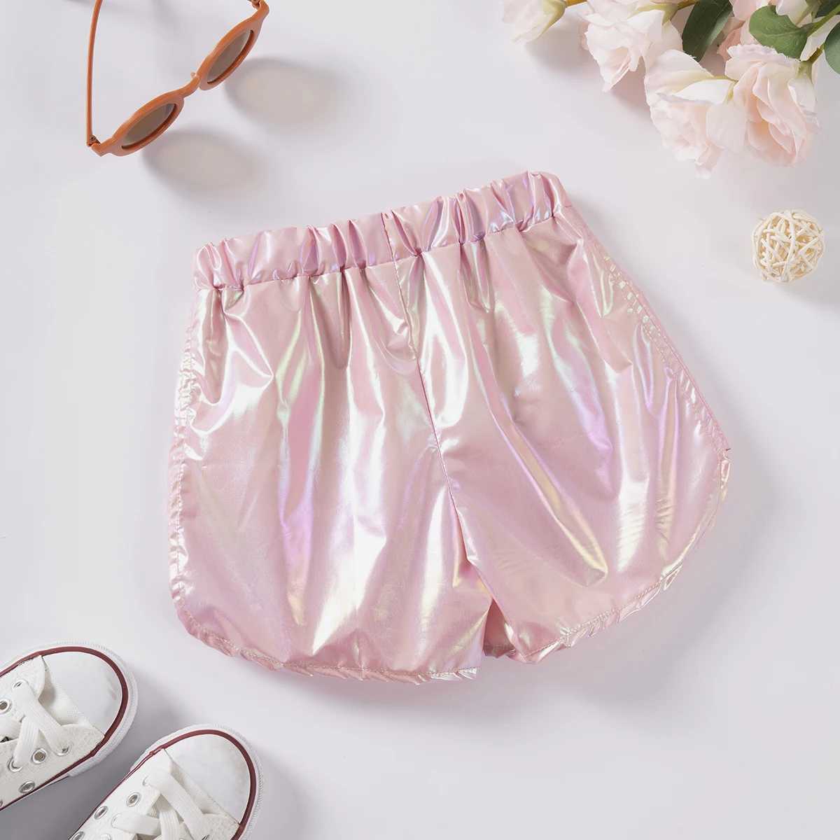 2 pieces of girls fashionable shorts childrens clothing dazzling childrens clothing polyester fabric solid color sports pants elastic waist W240813