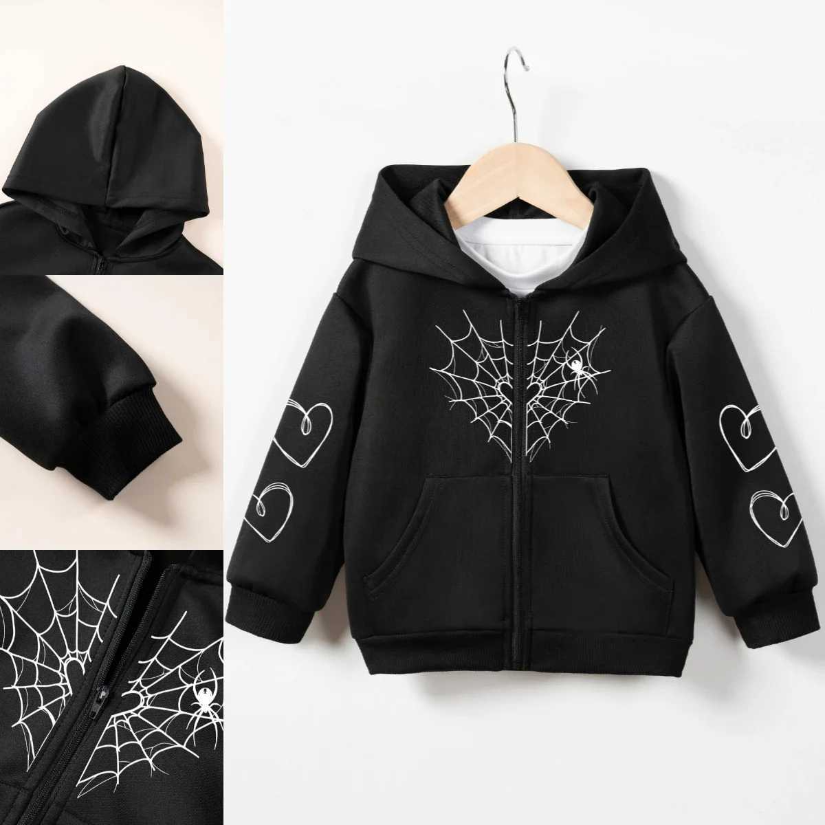 Toddler Autumn Hoodie Toddler Boys Zipper Fashion Spider Web Love Printed Sweatshirt for Daily Wear and Outgoing WearY240814
