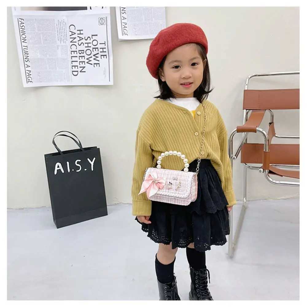 Cute flower pearl handbag childrens shoulder bag bow childrens square cross shaped bag baby girls wallet exchange handbag W240813