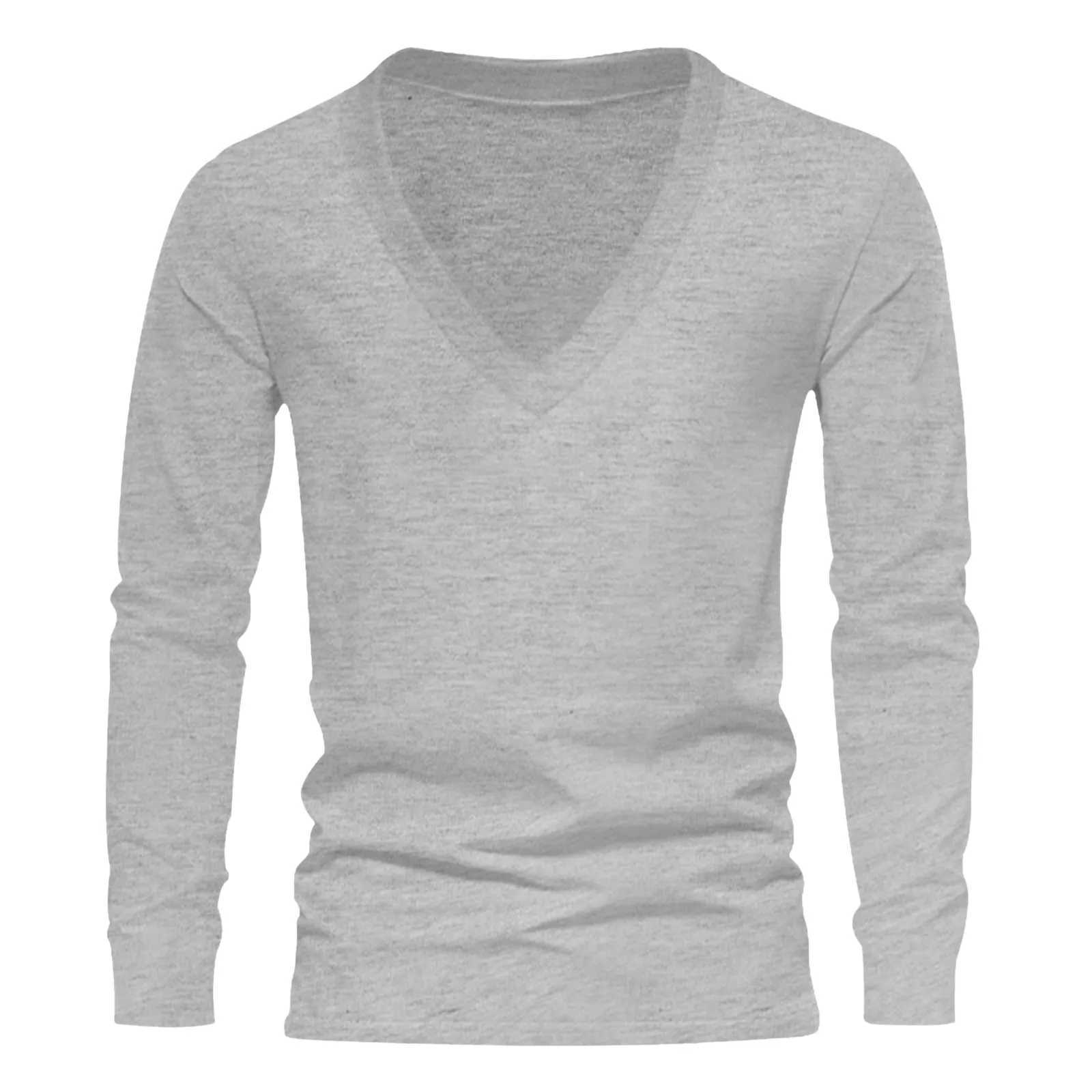 Mens T Shirt Solid Color V Neck Long Sleeve Loose Leisure Men Clothing Streetwear 2024 Fashion Casual bottoming shirts S-3XLM240814