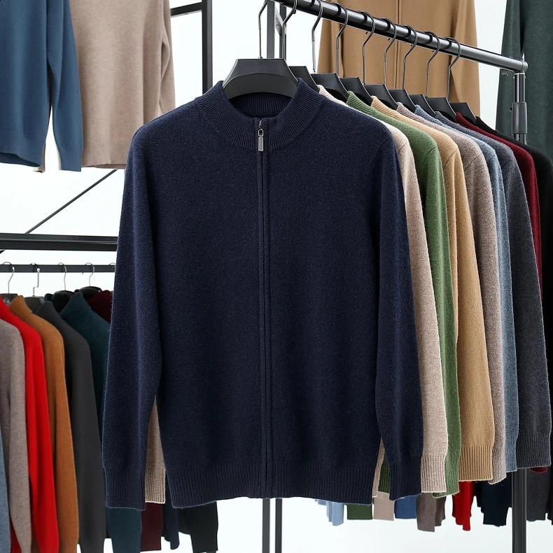 Men Autumn Winter Thicken 500g Pure Wool Zipper Knitted Cardigan Sweater Jacket Business Casual Knitwear Coat Outerwear 240821