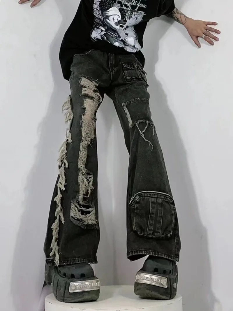 Heavy-wash Distressed Multi-pocket Straight-leg Jeans American Retro Street Wide Leg Jeans Harajuku Style Hip Hop Trousers 240821