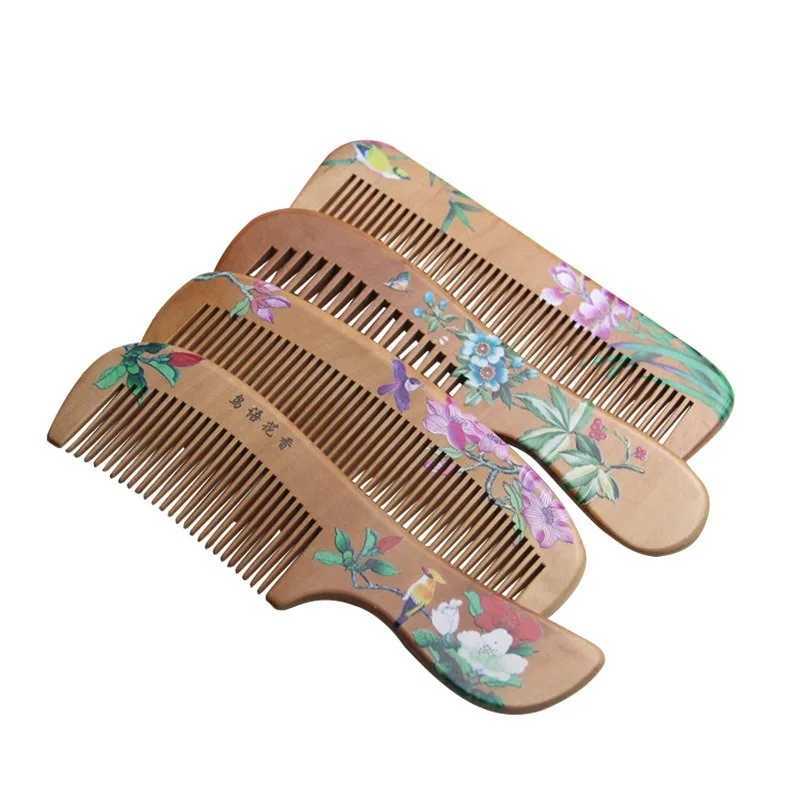 1 natural peach solid wood comb carved peach wood health massage anti-static comb hair care tool beauty accessories W240813