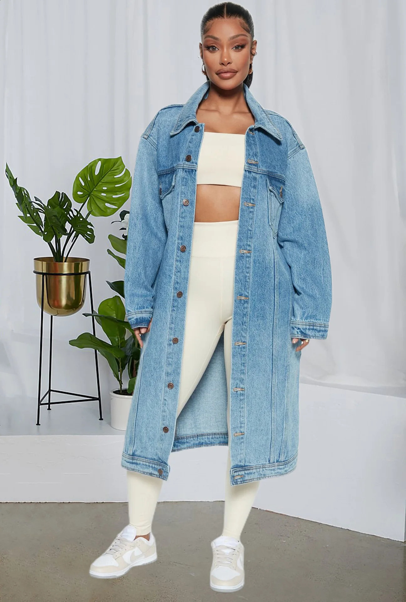 Fashion Extra Long Autumn Winter Sky Blue Denim Jackets for Women Trench Coat Fall Loose Cardigan Jeans Cape Veste Femme 240813