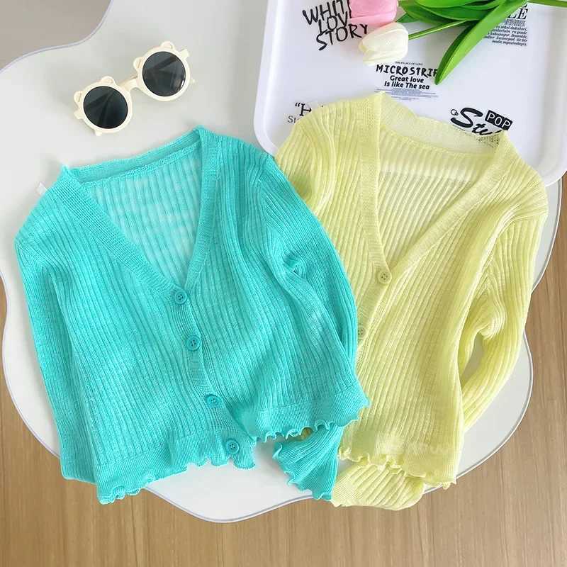 2024 Summer Childrens Clothing Baby Girls Open Knitted Woolen Sweater Cute Macaron Knitted Sunscreen Jacket Ultra Thin Breathable 1-10y W240813