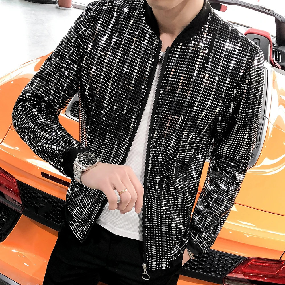 sequin bomber jacket mens shiny sequin long sleeved shiny zipper jacket hip-hop loose nightclub stage streetwear jacket 240814