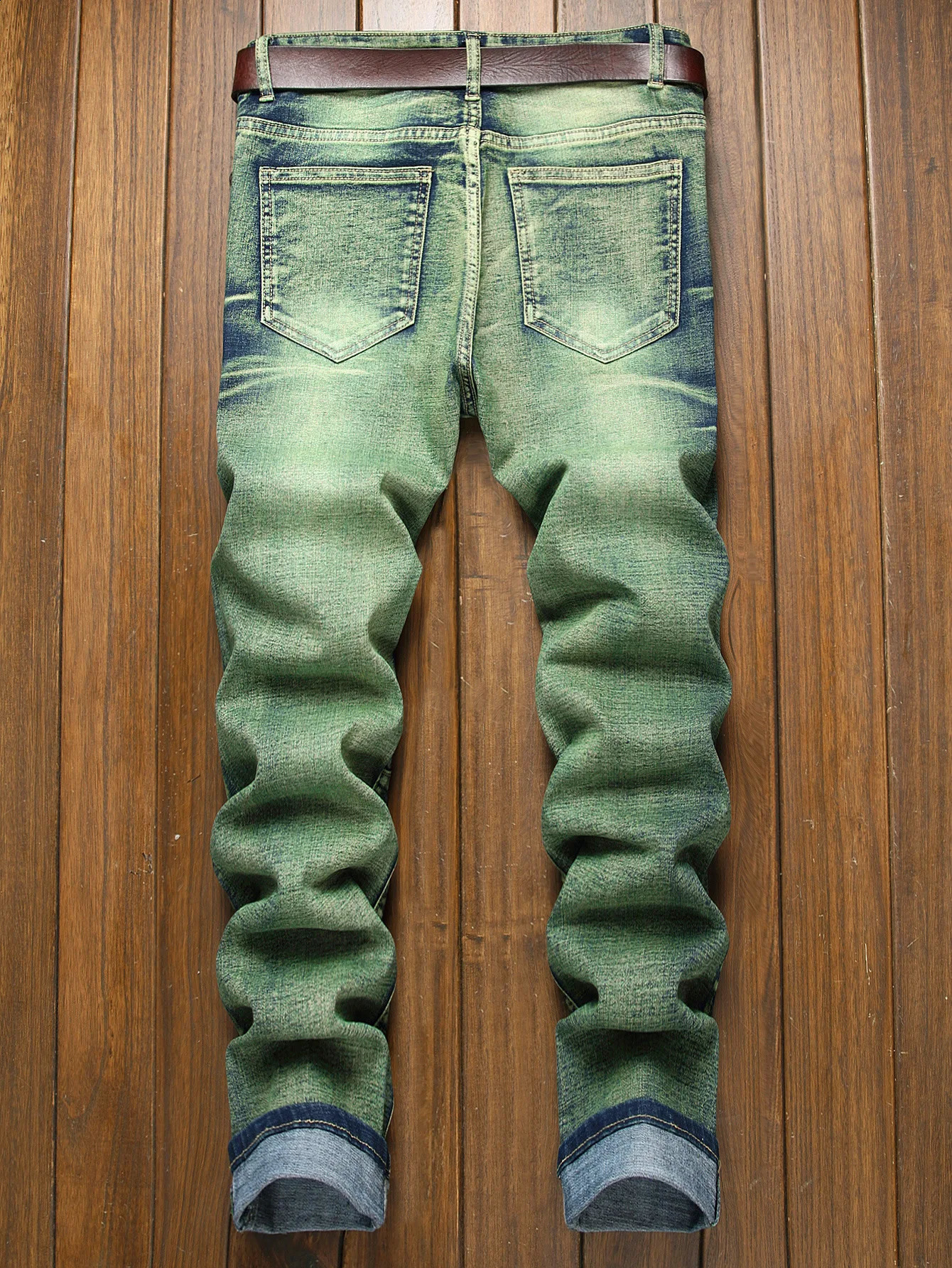 High Street Ripped Jeans for Men Four Seasons Causal Denim Pants Personalized Ocean Green Straight Jeans Fashion Youth Trousers 240821