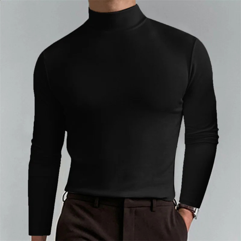 Men Casual Base T-shirts Long Sleeve High Neck Slim Elastic Thin Shirts Spring Autumn Fashion Simple Solid Color Daily Tops 240814