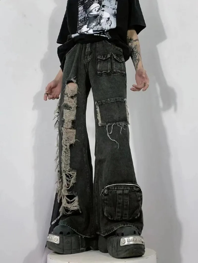 Heavy-wash Distressed Multi-pocket Straight-leg Jeans American Retro Street Wide Leg Jeans Harajuku Style Hip Hop Trousers 240821
