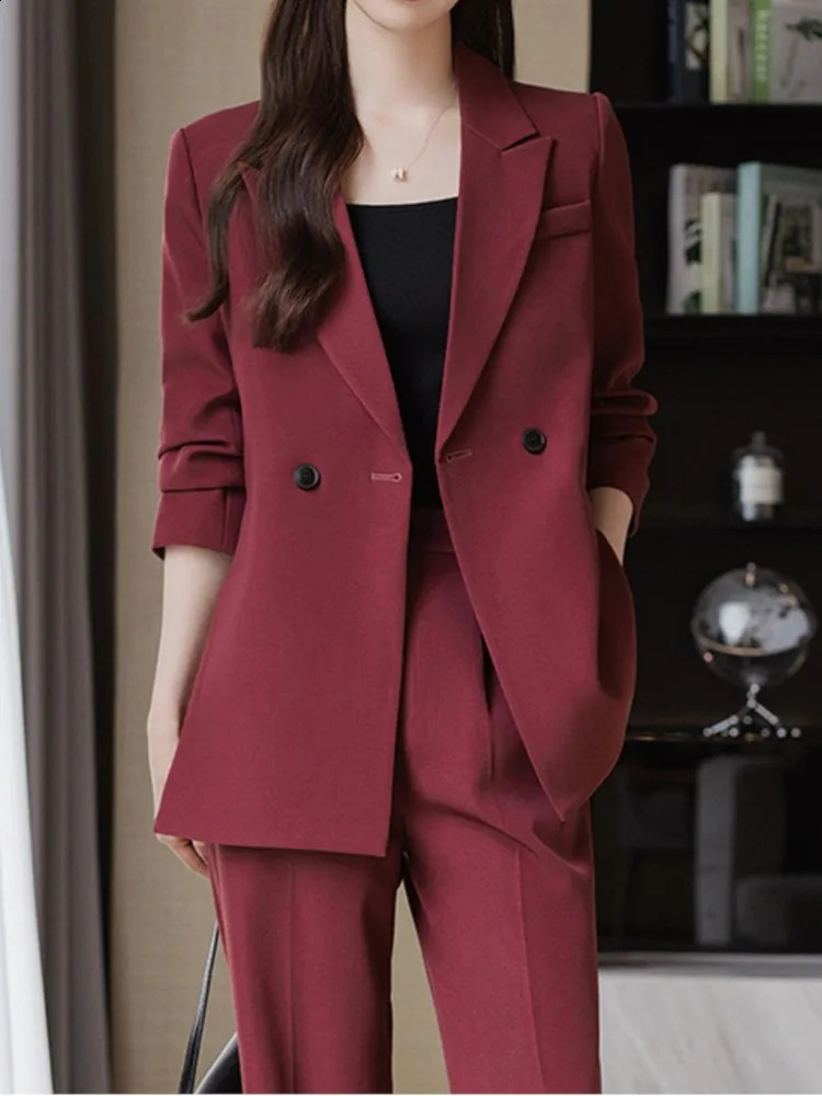 Korean Fashion Elegant Solid Women Blazer Pantsuit Casual Vintage Chic Suit Jackets Straight Pants 2 Pieces Set Female Outfits 240813