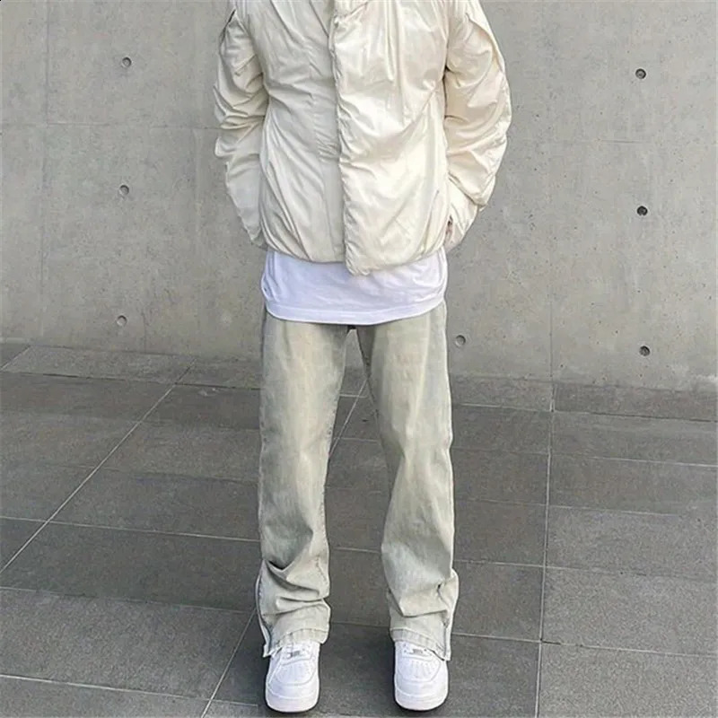 Jeans Mens Y2K Vintage Straight Leg Pants Solid Color Button Pocket Split Zipper Loose Trousers Spring Summer Male Clothing 035 240814