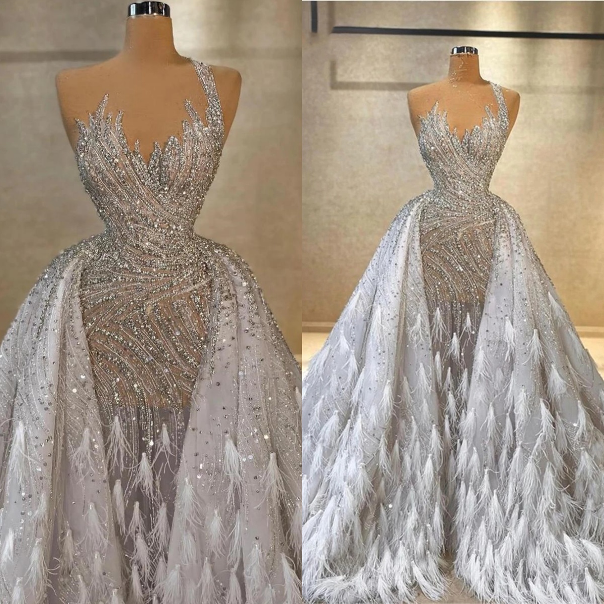 Beaded Ball Gown Wedding Dresses For Women With Detachable Feathered Train Illusion Tulle Bride Dresses Luxury Bridal Gown