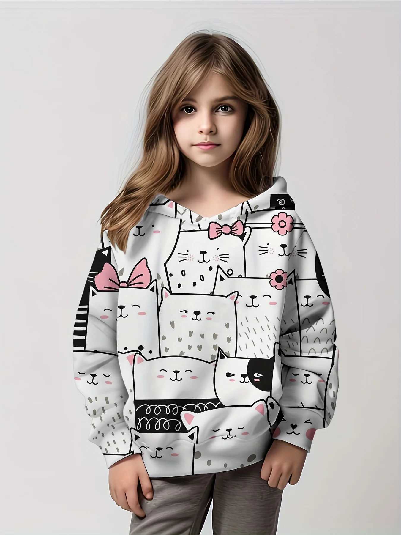 New Adorable Kittens Pattern Print Girls Hoodies Pullover Long Sleeve Trendy Cute Hooded Sweatshirt Tops Kids Clothing GiftsY240814