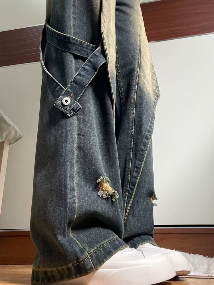 Washed distressed jeans, trendy hip-hop men's niche design, straight leg pants, American high street style