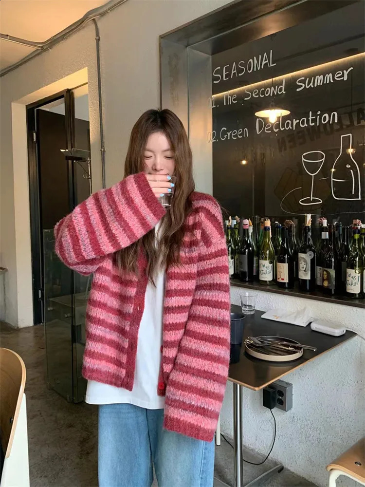 Korean style Women Red Streak Striped Cardigans Contrast Color V Neck Spring Autumn Cardigan Women Single Breasted Sweaters 240813