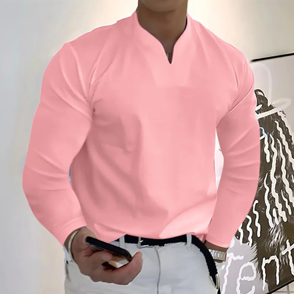 Mens Plus Size Solid V Neck Sweatshirt 12 Colors Spring Loose Athletic Elastic Comfortable Long Sleeve T-Shirt Casual Top 240814